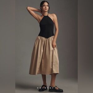 NWT Maeve Halter Basque-Waist Twofer Midi Dress Black and Tan Halter Dress